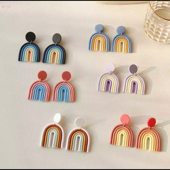 Ceramic Clay Rainbow Dangle Drop Earrings Blk Blue - Picture 4 of 7